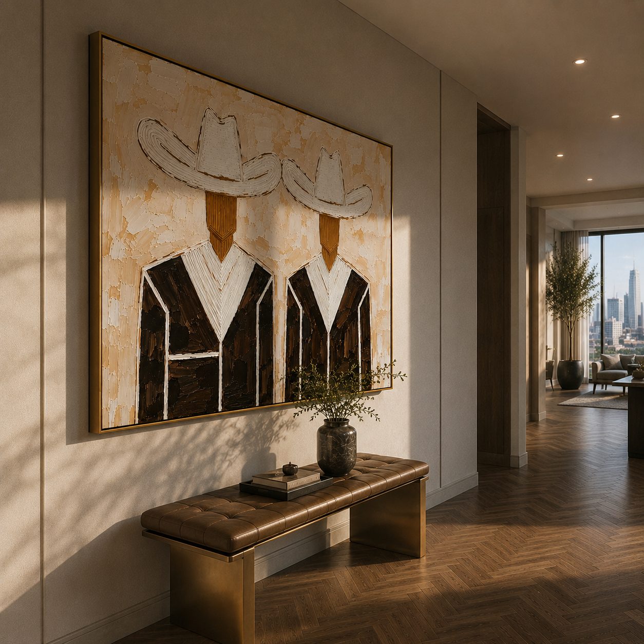 "Neutral Cowboy Pair" – Modern Heavy Impasto Western Art | 3D Beige & Espresso Palette Knife Painting | Luxury Horizontal Wall Art #PE 023