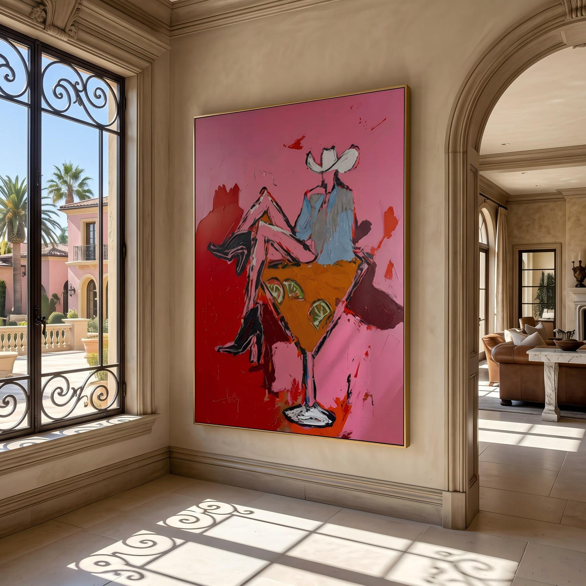 "Pink Cowgirl Cocktail" - Modern Heavy Impasto Western Animal Artwork | Pink Palette Knife Painting | Luxury Vertical Wall Art #YK 1584