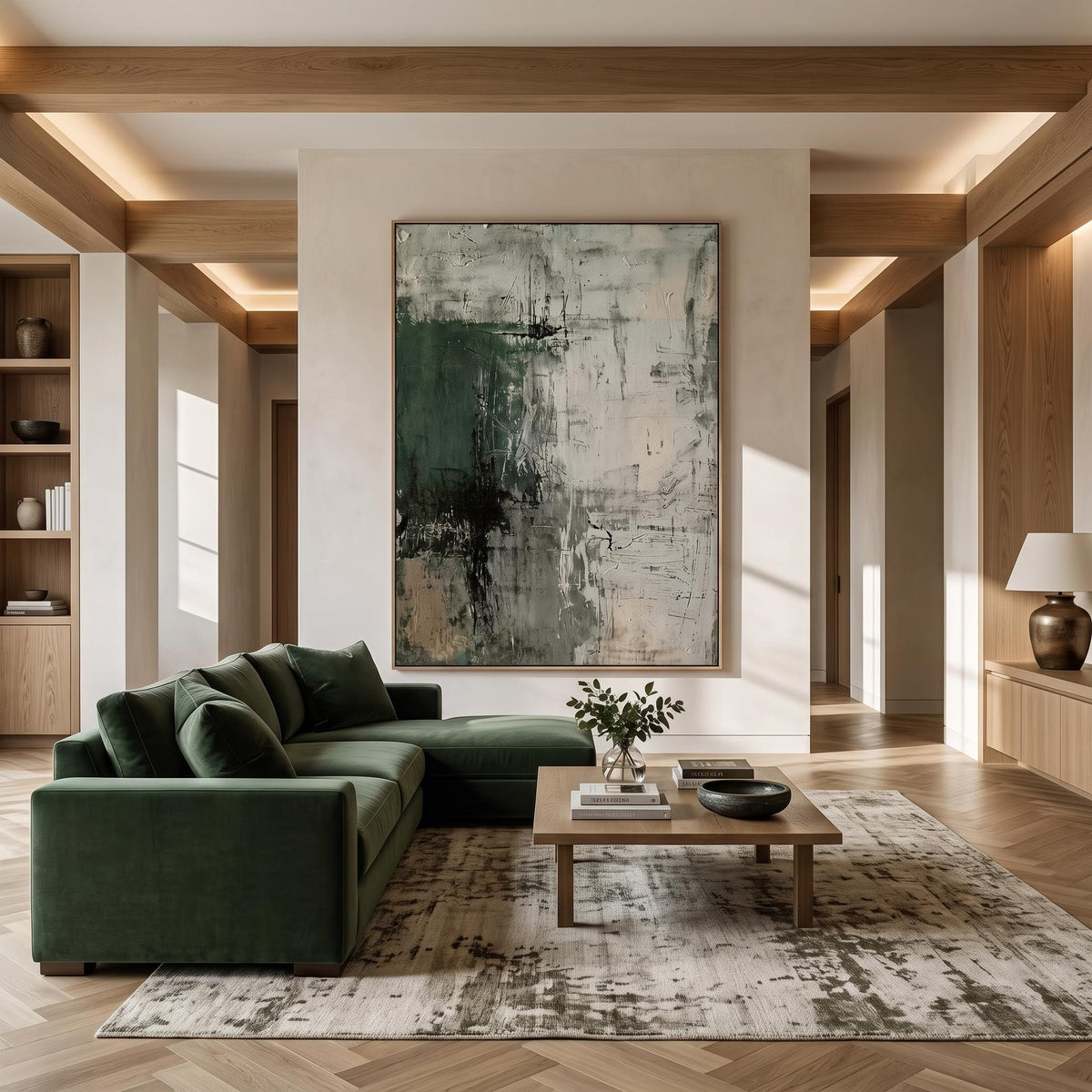 "Dark Green Mottled Texture" - Modern Heavy Impasto Abstract Artwork | Green Palette Knife Painting | Luxury Vertical Wall Art #YK 1617
