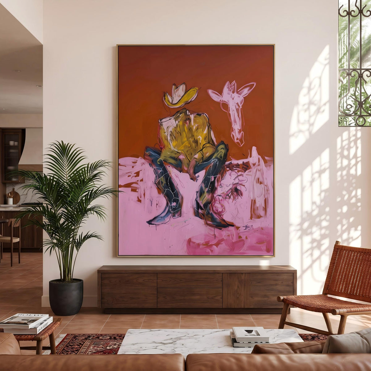 "Squatting faceless cowboy" - Modern Heavy Impasto Western Animal Artwork | Pink Palette Knife Painting | Luxury Vertical Wall Art #YK 1578