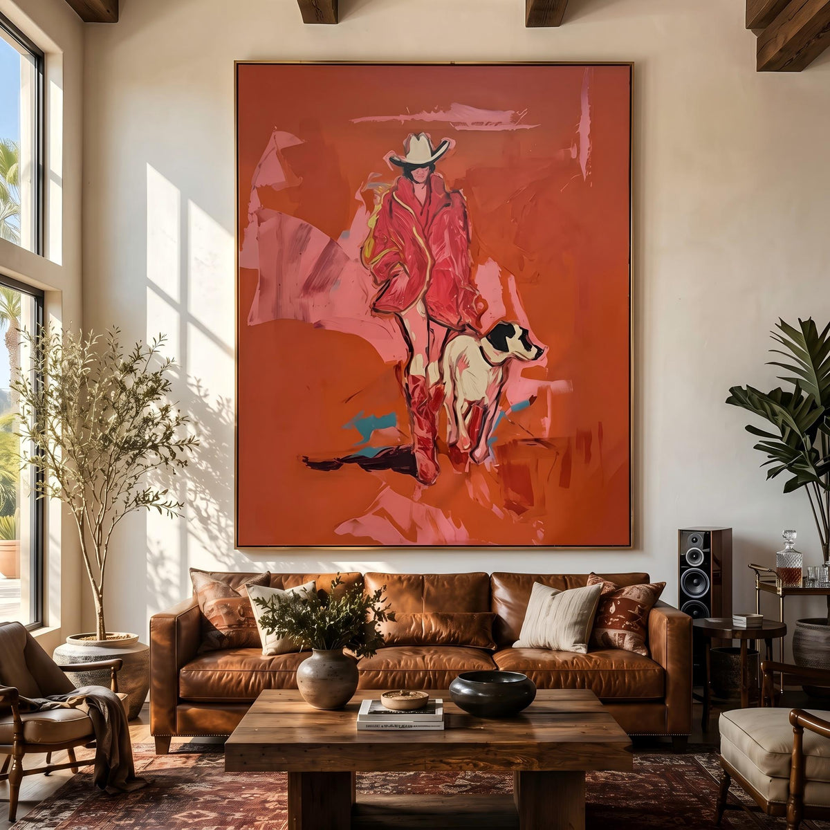 "Cowgirl and Dog" - Modern Heavy Impasto Dog Portrait Artwork | Pink Palette Knife Painting | Luxury Vertical Wall Art #YK 1583