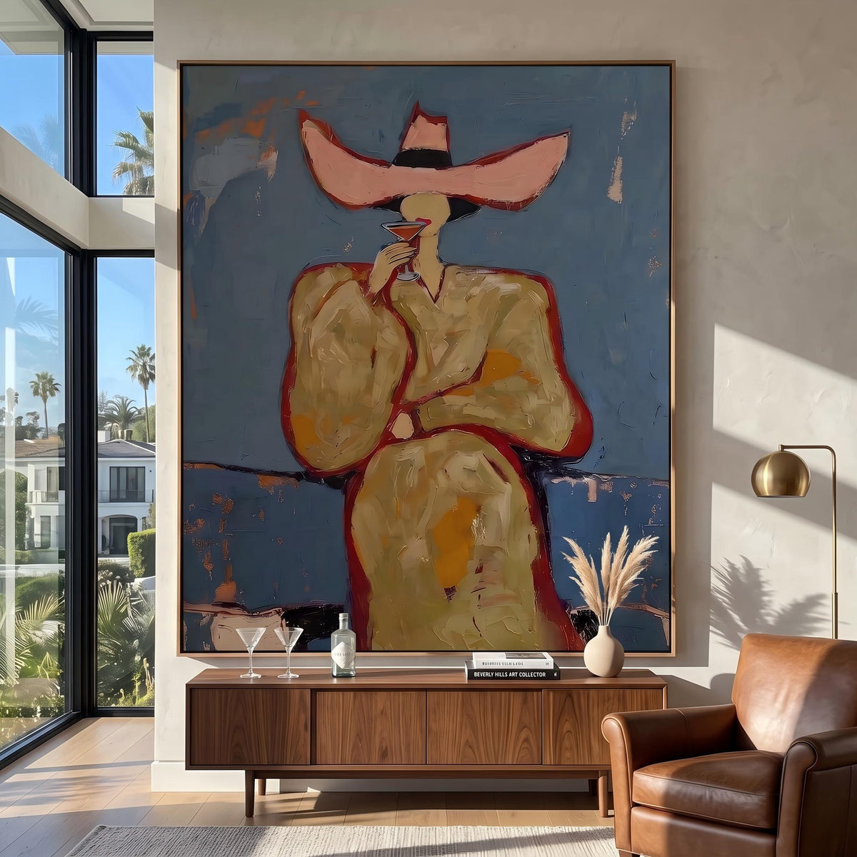 "Pink cowboy hat woman drinking cocktail" - Modern Heavy Impasto Western Animal Artwork | Golden & Orange Palette Knife Painting | Luxury Vertical Wall Art #YK 1576