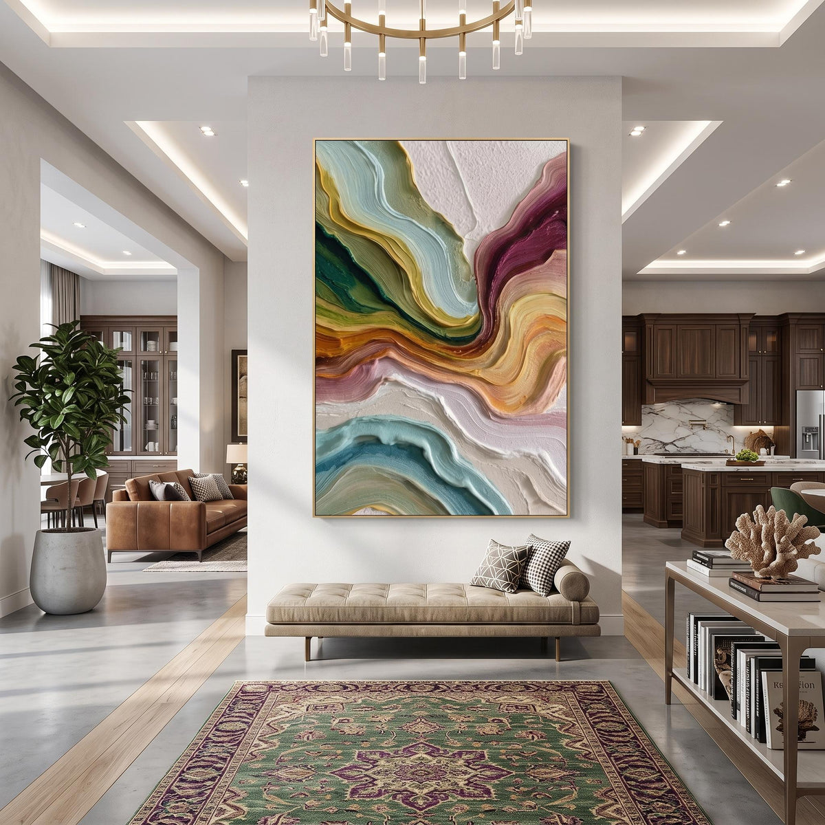 "Multicolor Layer Flow Abstract Wall" - Modern Heavy Impasto Abstract Artwork | Beige Palette Knife Painting | Luxury Vertical Wall Art #YK 1554