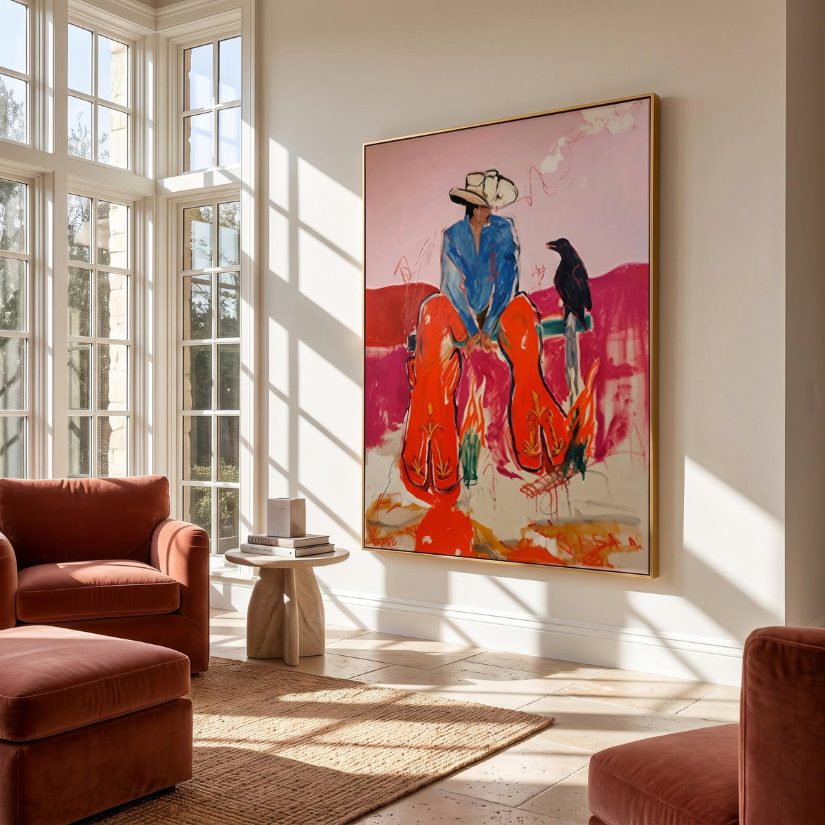 "Crow Cowboy" - Modern Heavy Impasto Western Animal Artwork | Pink Palette Knife Painting | Luxury Vertical Wall Art #YK 1582