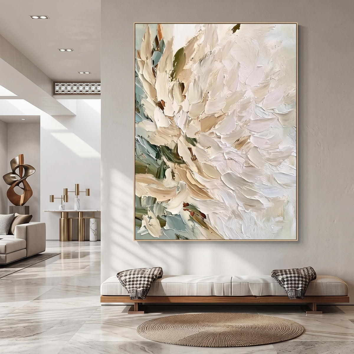 "Vertical Impasto White Flower" - Modern Heavy Impasto Floral Abstract | Beige Palette Knife Painting | Luxury Vertical Wall Art #YK 1553