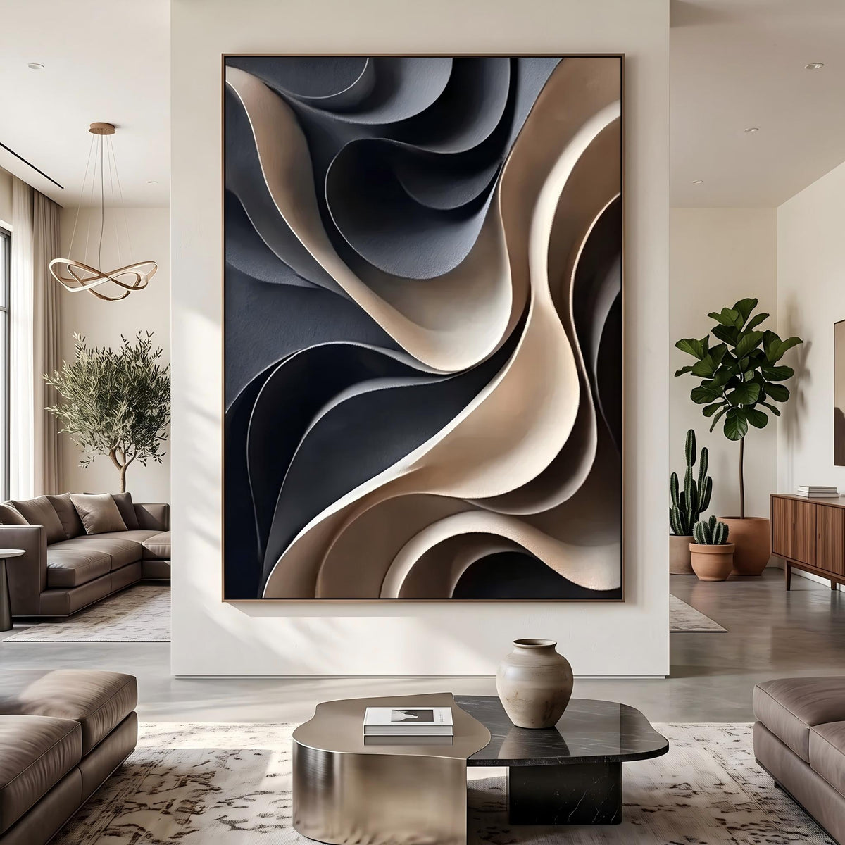 "Layered Wave" - Modern Heavy Impasto Ocean Wave Seascape | Beige Palette Knife Painting | Luxury Vertical Wall Art #YK 1563