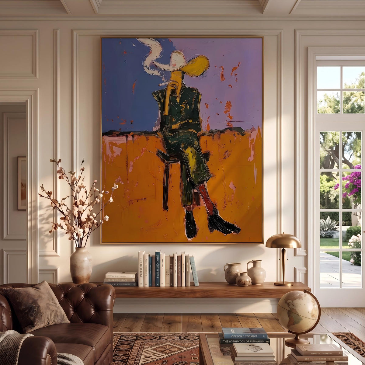 "Cigarettes Western Cowboy" - Modern Heavy Impasto Western Animal Artwork | Orange Palette Knife Painting | Luxury Vertical Wall Art #YK 1579