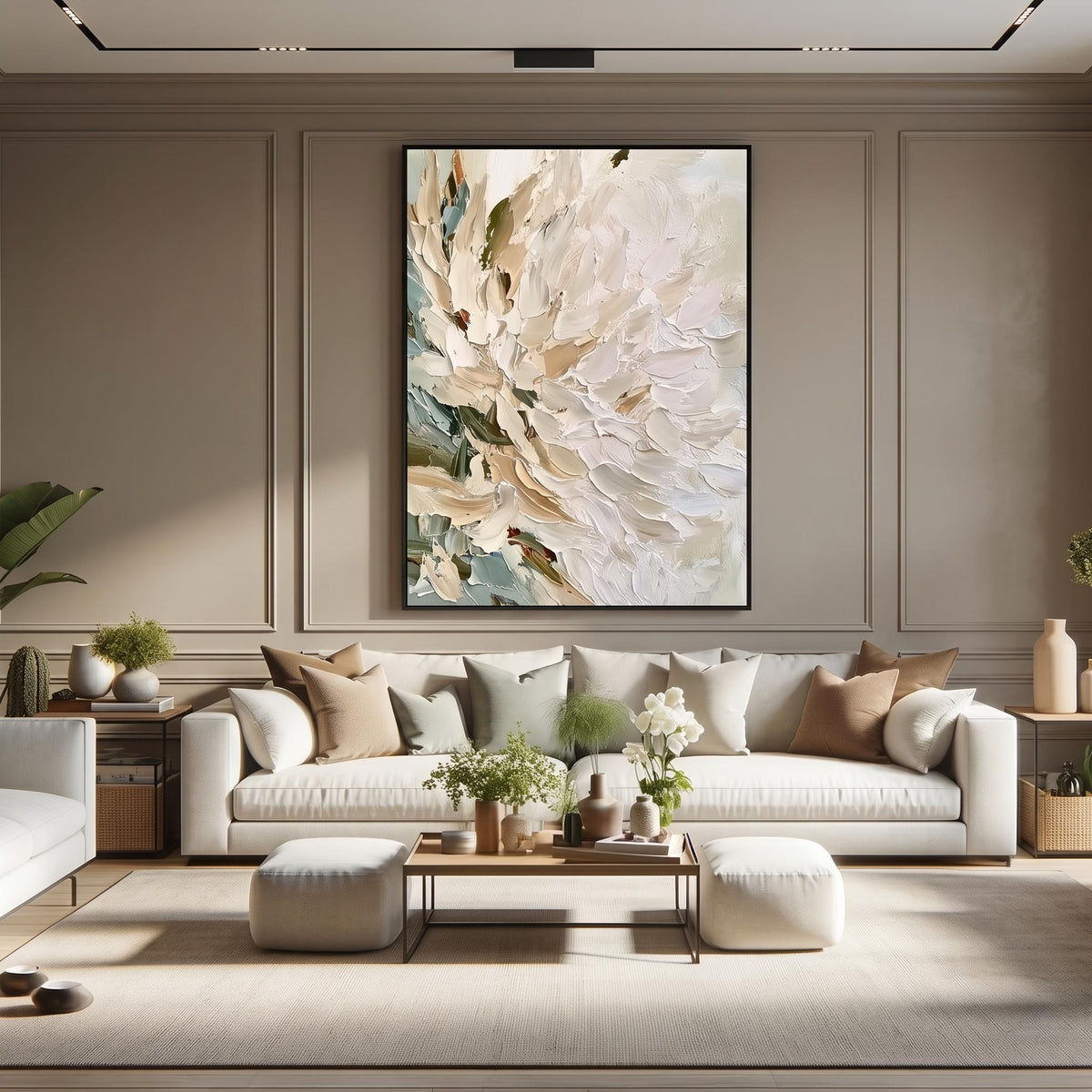 "Vertical Impasto White Flower" - Modern Heavy Impasto Floral Abstract | Beige Palette Knife Painting | Luxury Vertical Wall Art #YK 1553