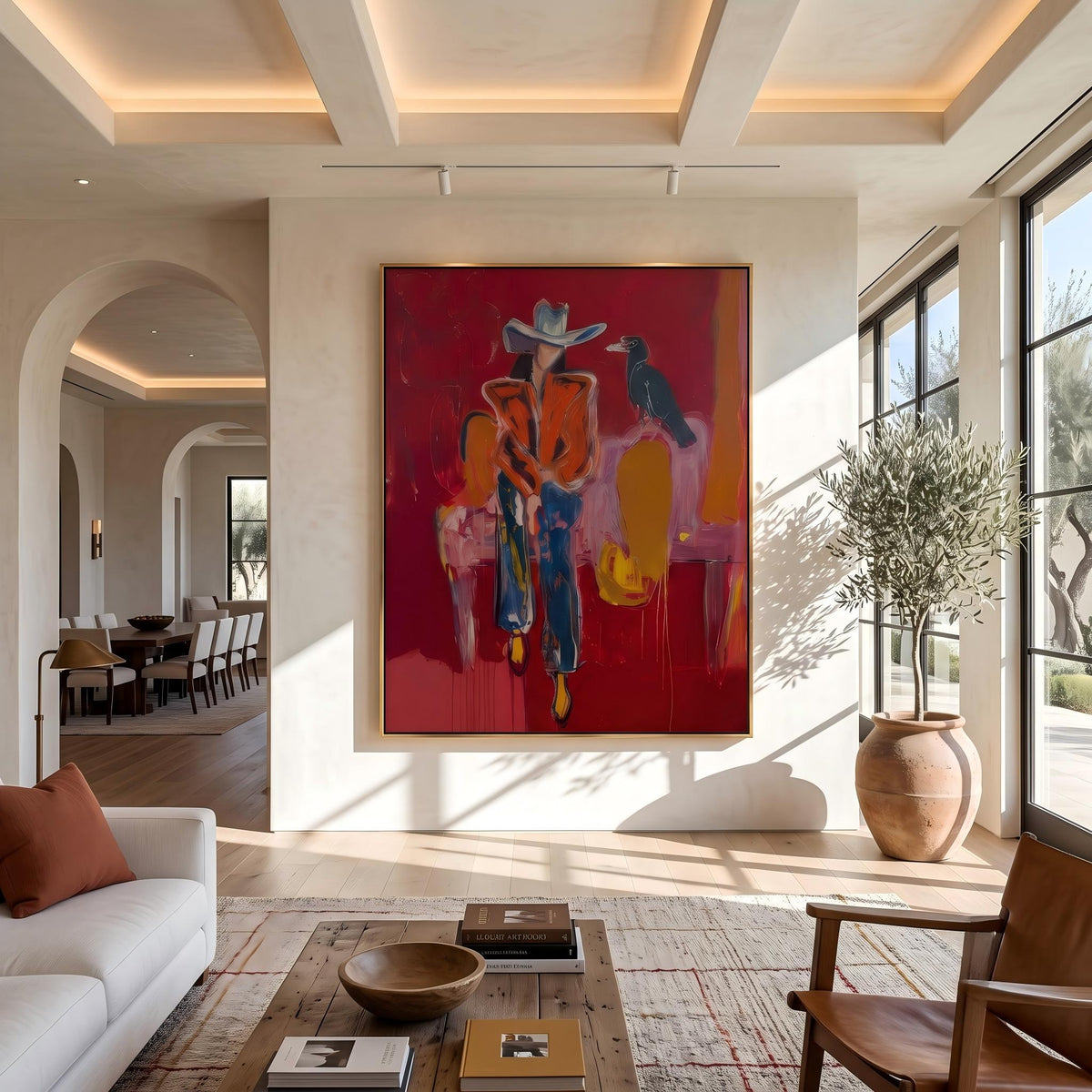 "Crow Cowgirl" - Modern Heavy Impasto Western Animal Artwork | Golden & Pink Palette Knife Painting | Luxury Vertical Wall Art #YK 1575