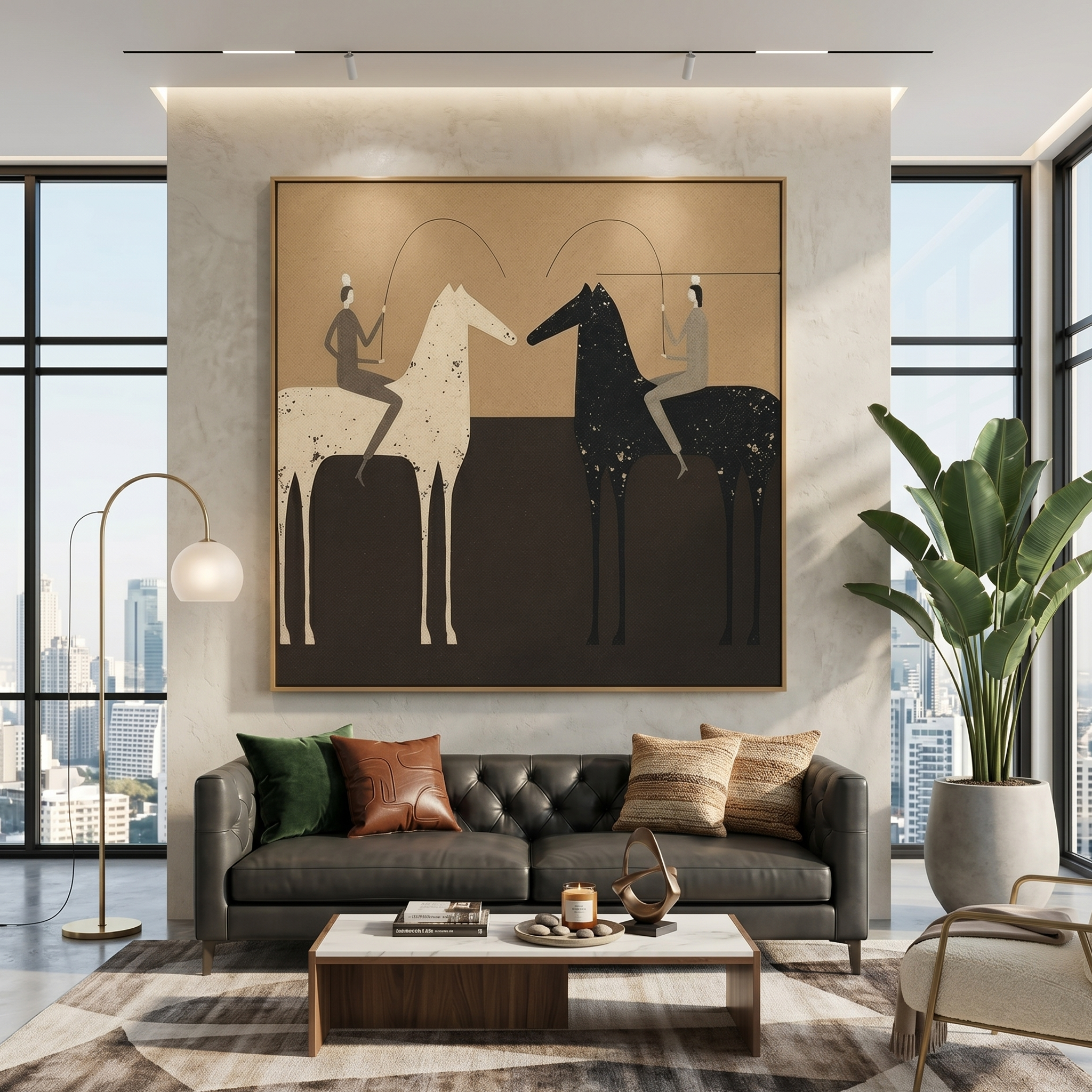 "Dual Polo Equinox" – Modern Heavy Impasto Minimalist Figurative | 3D Warm Umber & Charcoal Palette Knife Painting | Luxury Square Wall Art #AB 018