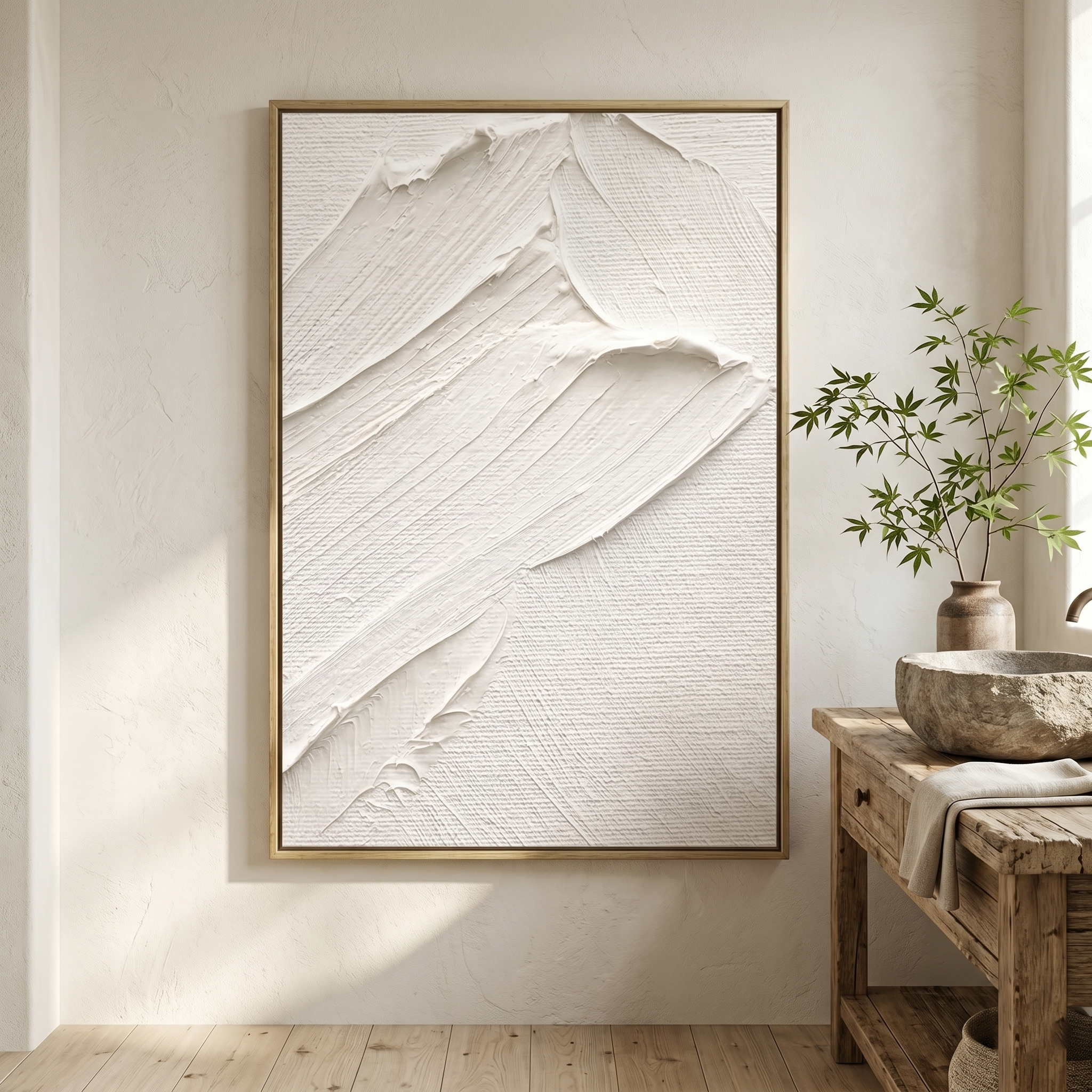 "Flowing Crescents" – Modern 3D Minimalist Standoff Cream Relief | Sophisticated Japandi Statement Art