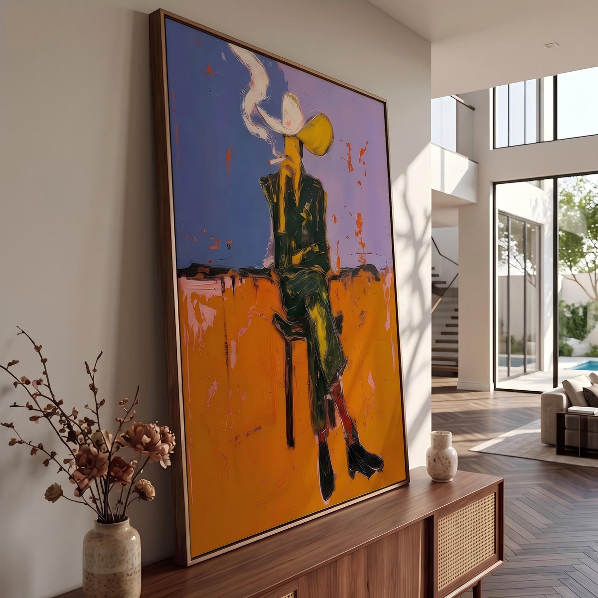 "Cigarettes Western Cowboy" - Modern Heavy Impasto Western Animal Artwork | Orange Palette Knife Painting | Luxury Vertical Wall Art #YK 1579