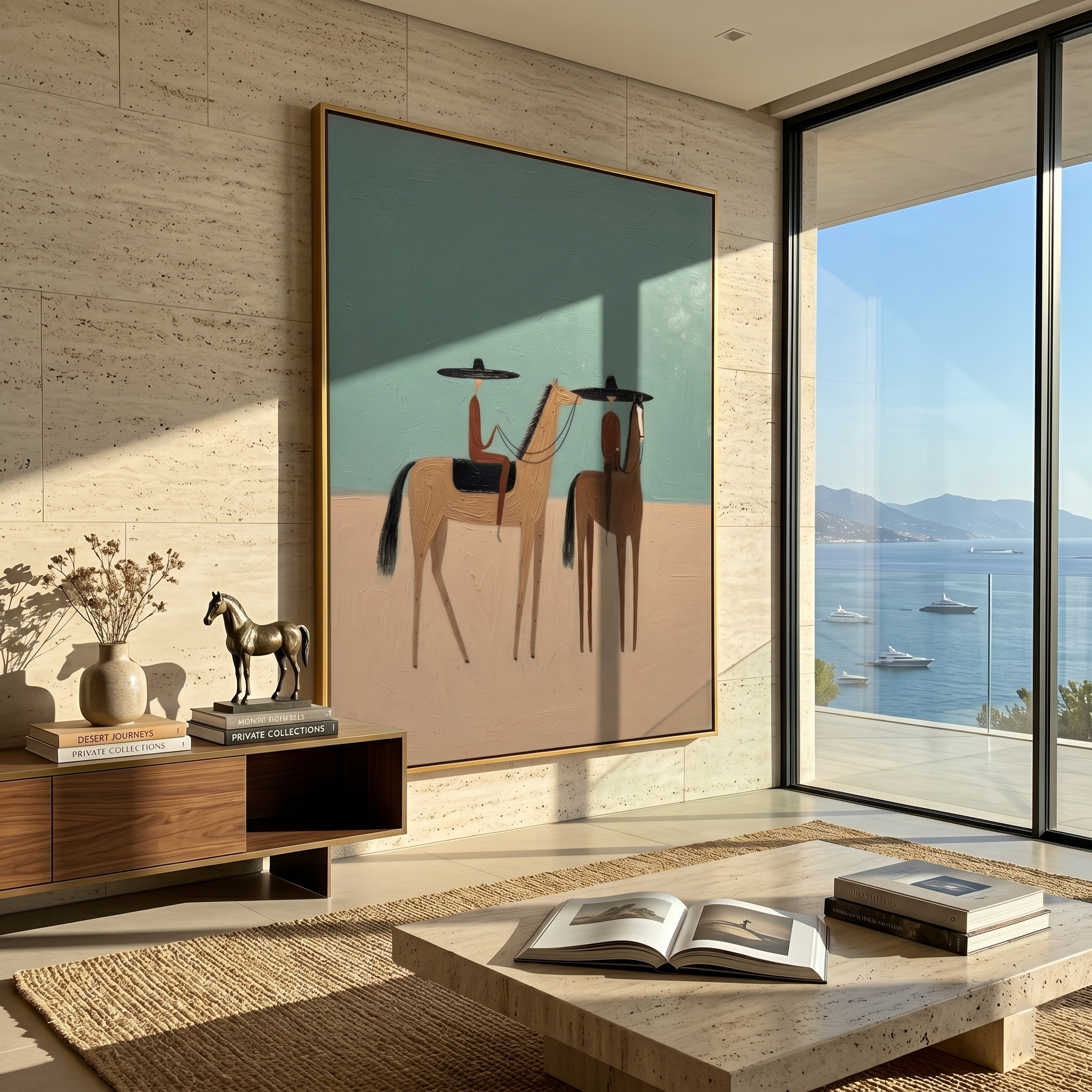 "Two Riders at Rest" – Modern Heavy Impasto Western Art | 3D Sage & Sand Palette Knife Painting | Luxury Vertical Wall Art #AB 011