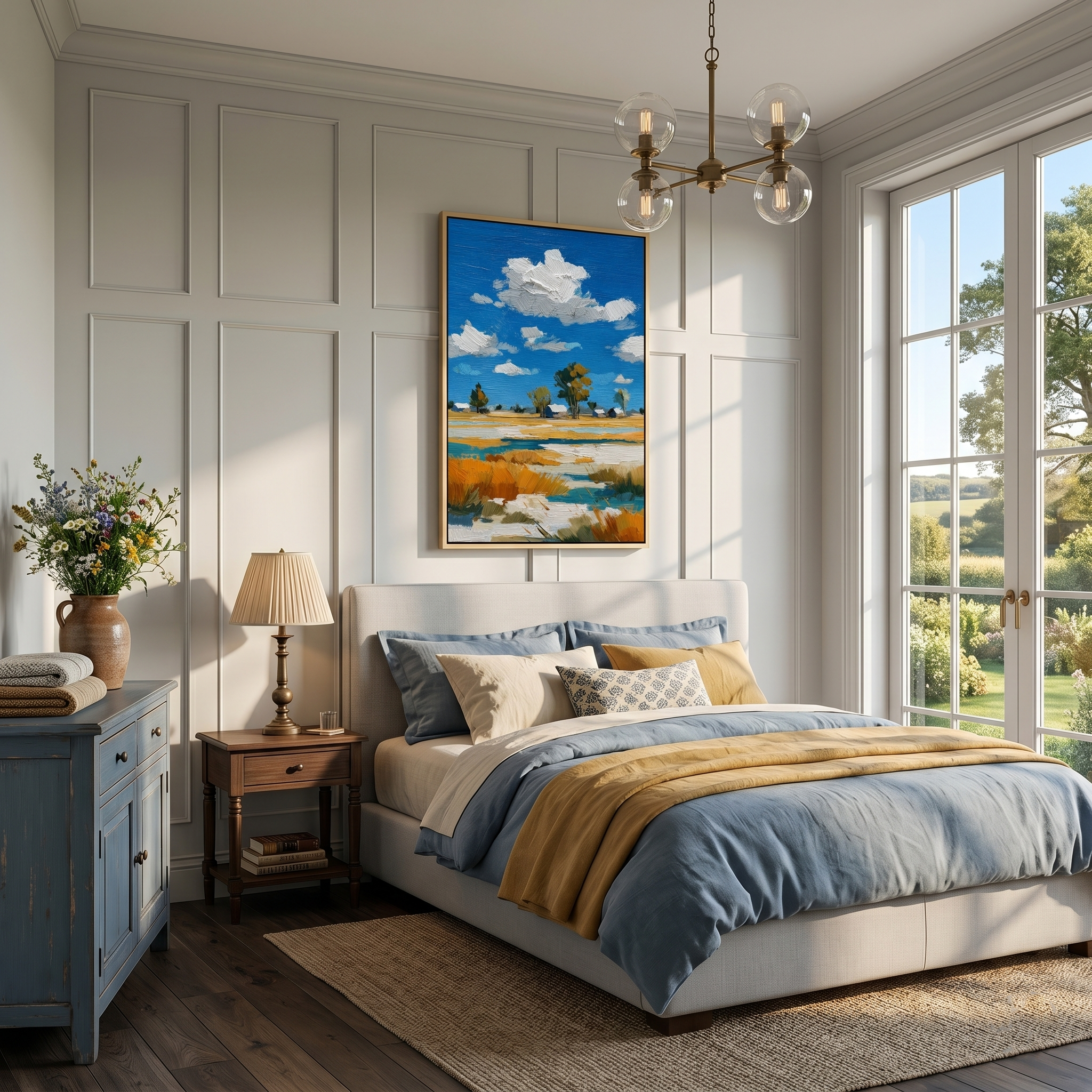 "Azure Prairie" – 3D Heavy Impasto Rustic Landscape | Vibrant Blue & Gold Statement Art