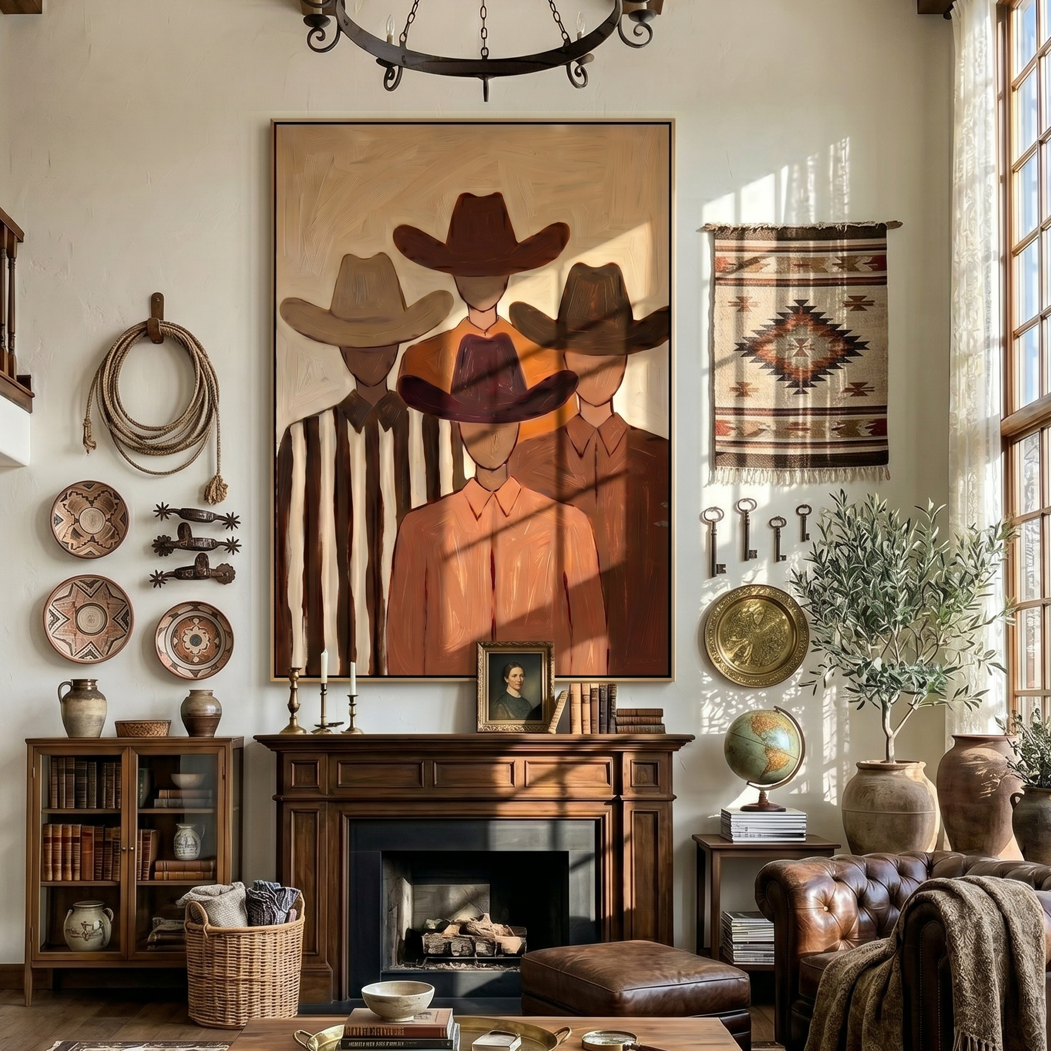 "The Four Cowboys" – Modern Heavy Impasto Western Art | 3D Cinnamon & Sand Palette Knife Painting | Luxury Vertical Wall Art #PE 015