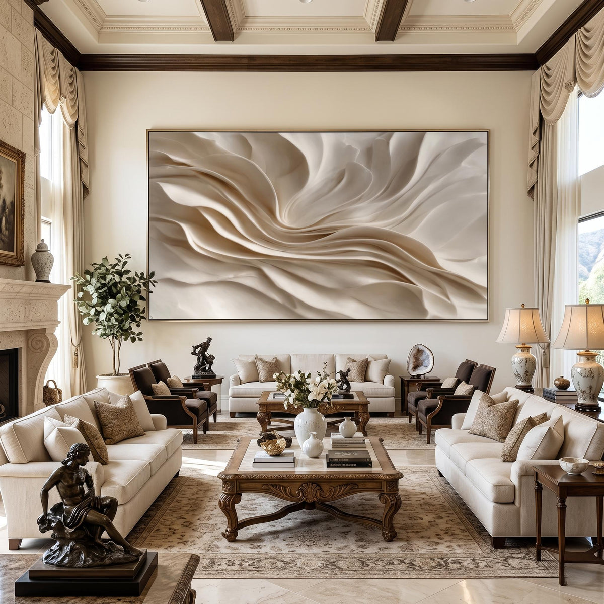 "Earthy‑Tone Soft Fold Abstract Wall" - Modern Heavy Impasto Abstract Artwork | Beige Palette Knife Painting | Luxury Horizontal Wall Art #YK 1547