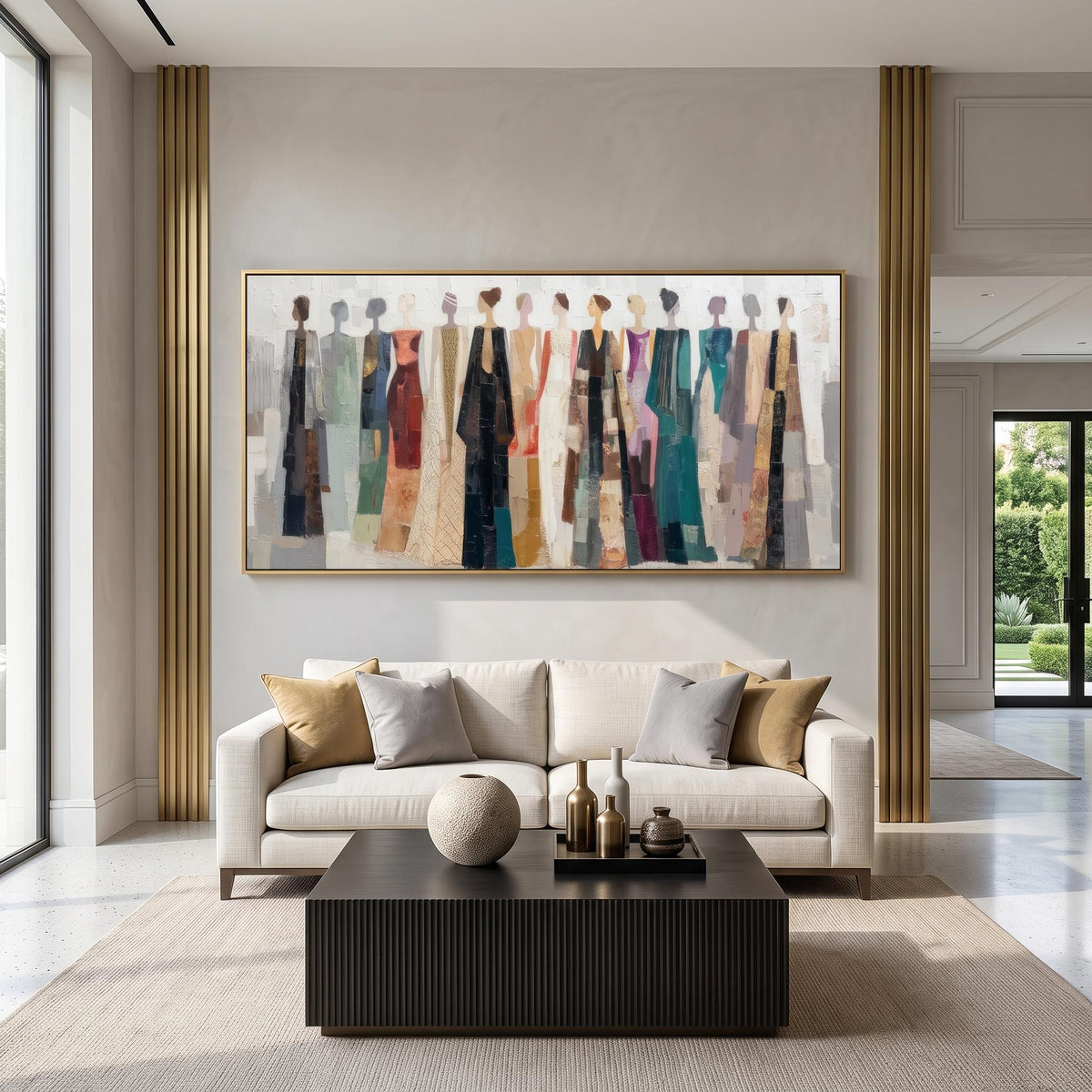 "Colorful Dressed Women Wall" - Modern Heavy Impasto Abstract Artwork | Beige Palette Knife Painting | Luxury Horizontal Wall Art #YK 1552