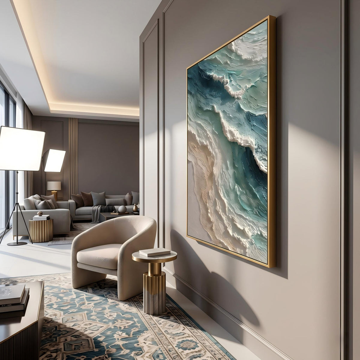 "Blue Green Coastal Wall" - Modern Heavy Impasto Coastal Landscape | Beige Palette Knife Painting | Luxury Vertical Wall Art #YK 1565