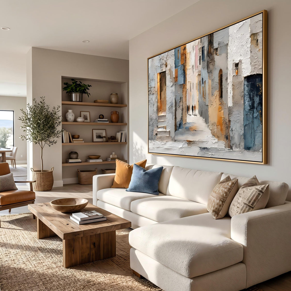 "European Old Town Street" - Modern Heavy Impasto Abstract Artwork | Beige & Grey Palette Knife Painting | Luxury Horizontal Wall Art #YK 1561