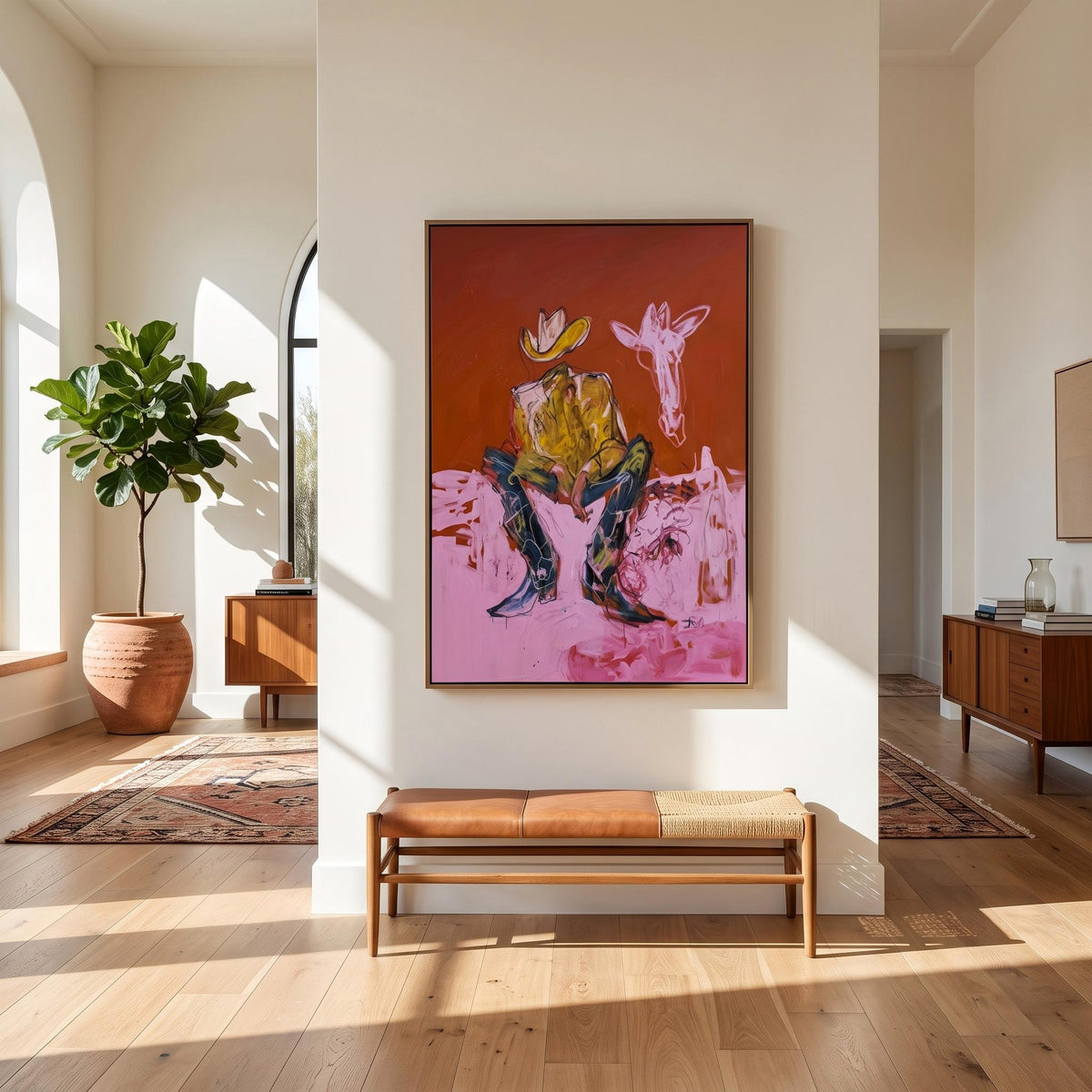 "Squatting faceless cowboy" - Modern Heavy Impasto Western Animal Artwork | Pink Palette Knife Painting | Luxury Vertical Wall Art #YK 1578
