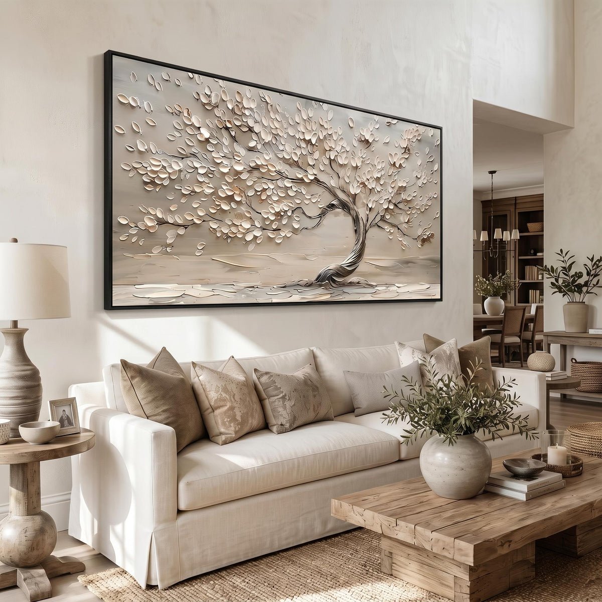 "Life Tree" - Modern Heavy Impasto Botanical Tree Artwork | White Palette Knife Painting | Luxury Horizontal Wall Art #YK 1546