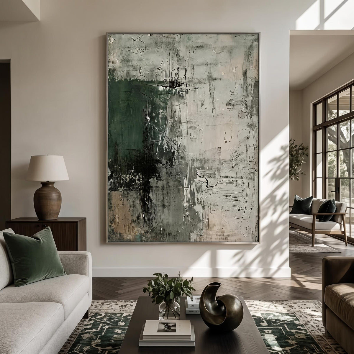 "Dark Green Mottled Texture" - Modern Heavy Impasto Abstract Artwork | Green Palette Knife Painting | Luxury Vertical Wall Art #YK 1617