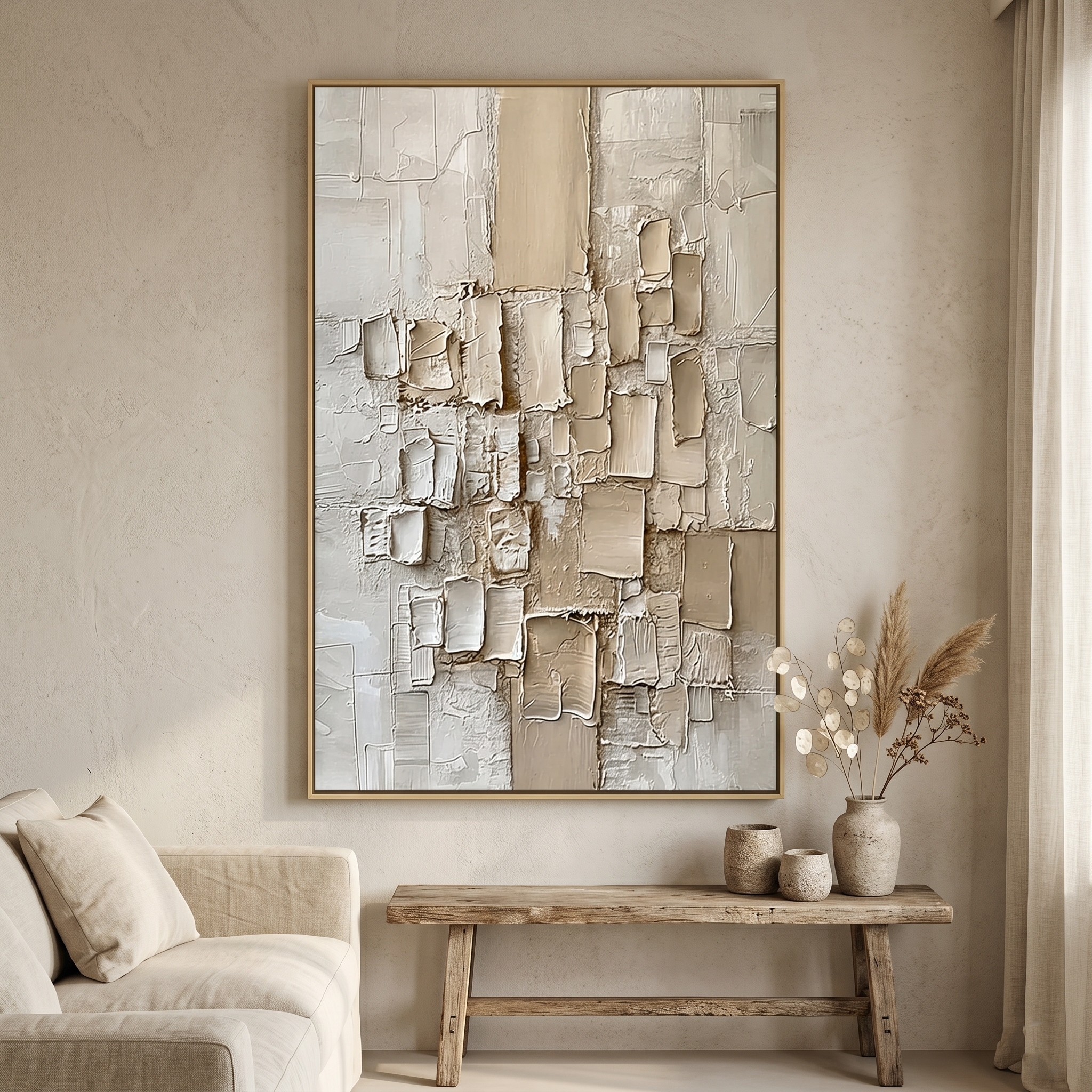 "Grounded Form" – Modern 3D Heavy Impasto Geometric Relief | Neutral Vertical Statement Art