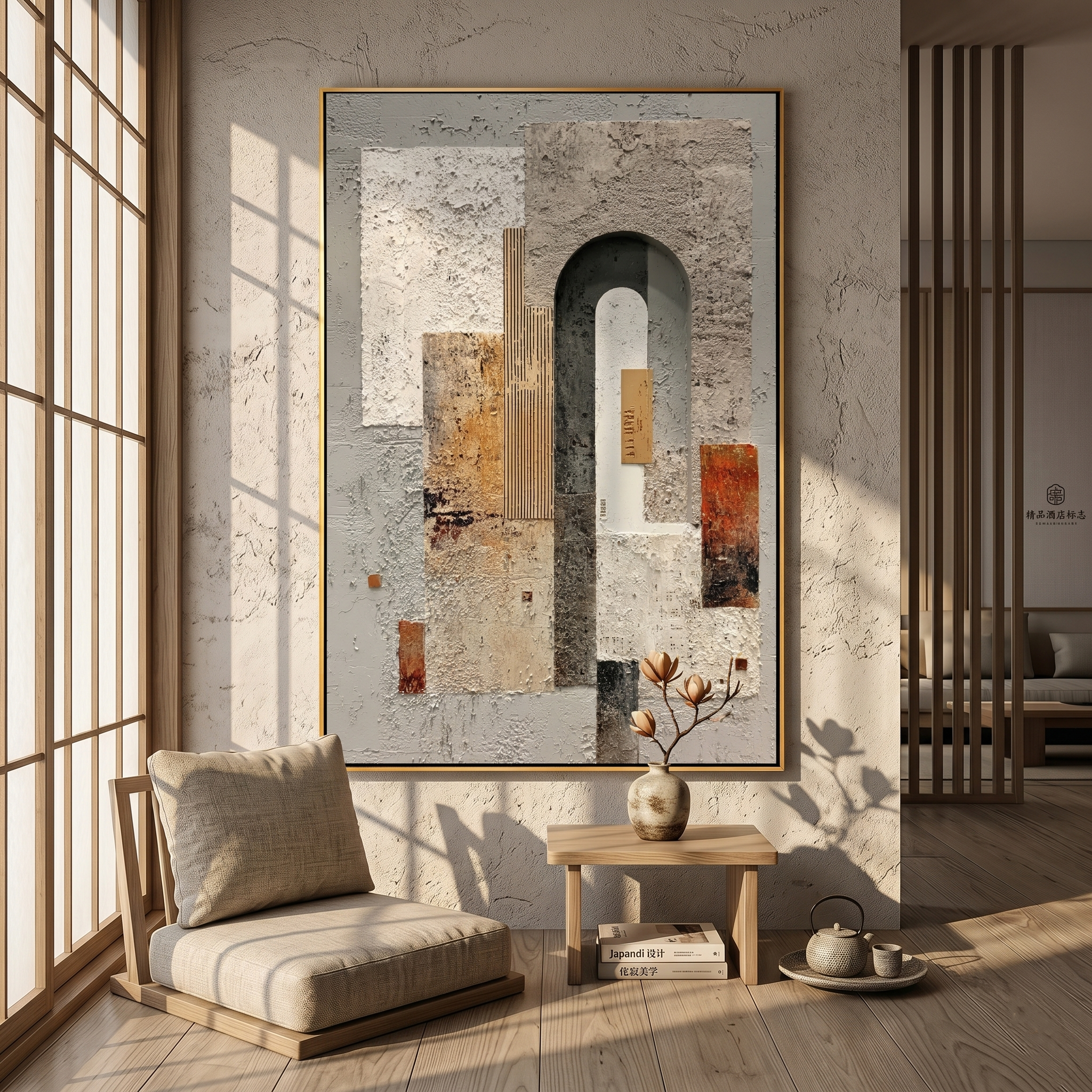 "Weathered Geometric Arch" – Expressive Impasto Abstract Artwork | 3D Layered Neutral Canvas | Luxury Statement Vertical Wall Art#PT 006