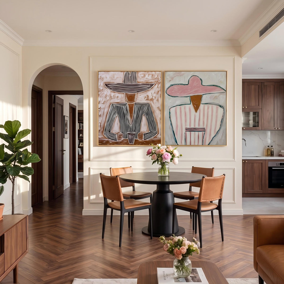 "Double Wide Striped Hat Western Cowboy and Girl" - Modern Heavy Impasto Western Animal Artwork | Golden Palette Knife Painting | Luxury Two-Panel Square Wall Art #YK 1568