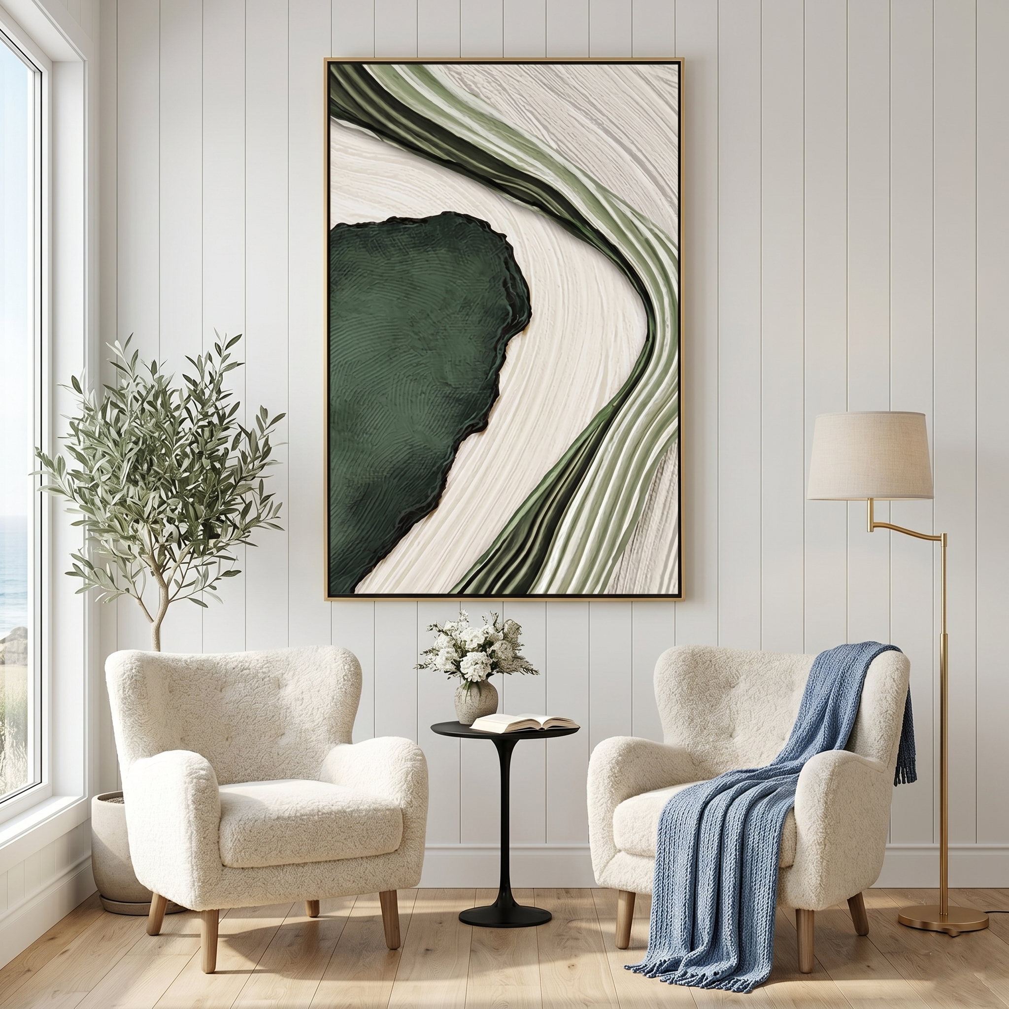 "Emerald Current" – Modern 3D Organic Linear Relief | Vertical Sage & Moss Statement Art