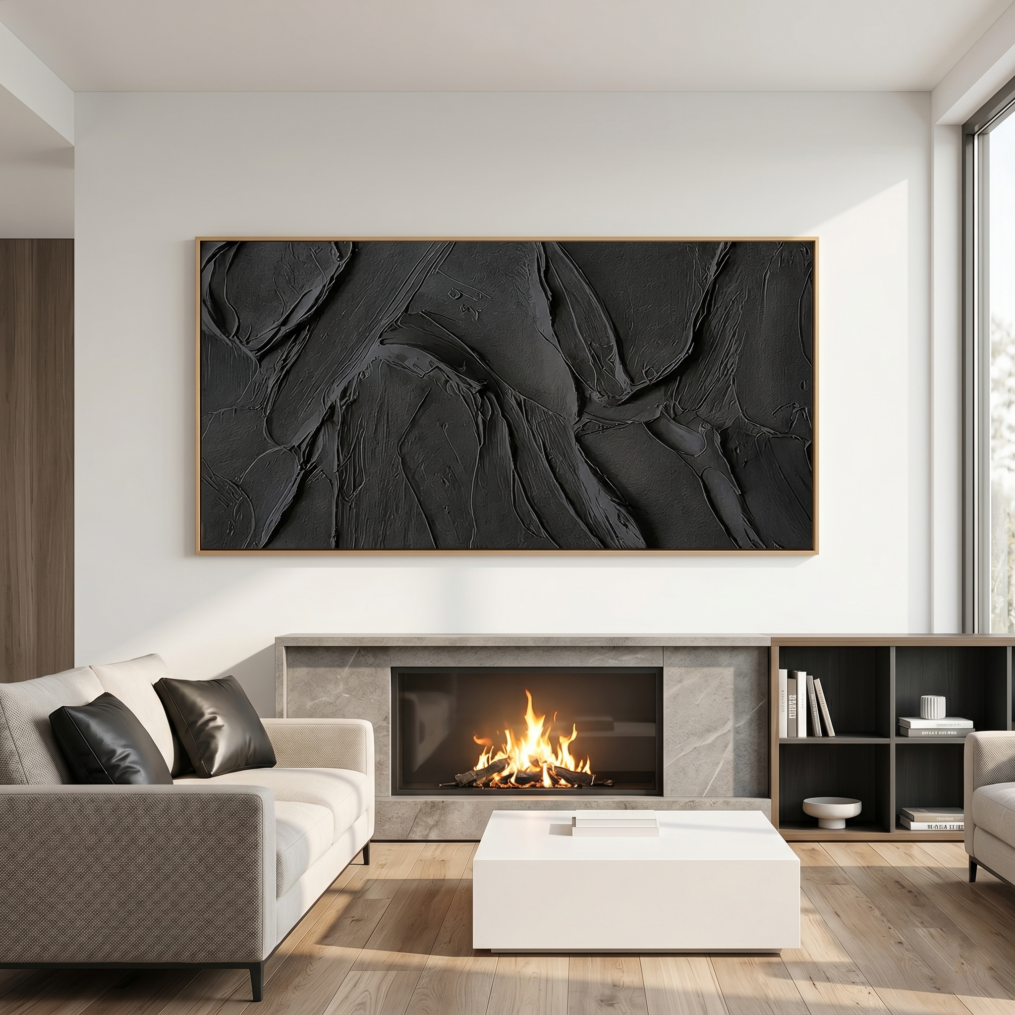 "Noir Tectonic" – 3D Heavy Impasto Black Abstract | Minimalist Sculptural Statement Art