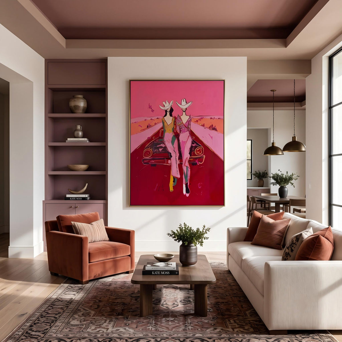 "Cowgirls on the Road" - Modern Heavy Impasto Abstract Artwork | Pink Palette Knife Painting | Luxury Vertical Wall Art #YK 1585