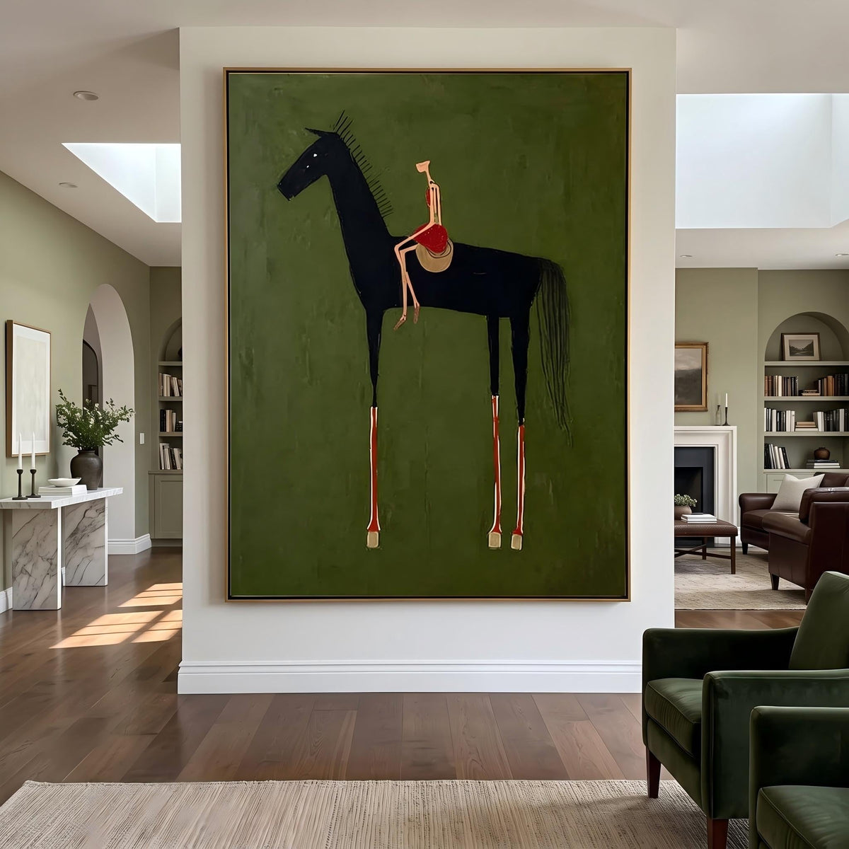 "Black Horse & Rider" - Modern Heavy Impasto Western Animal Artwork | Green Palette Knife Painting | Luxury Vertical Wall Art #YK 1558
