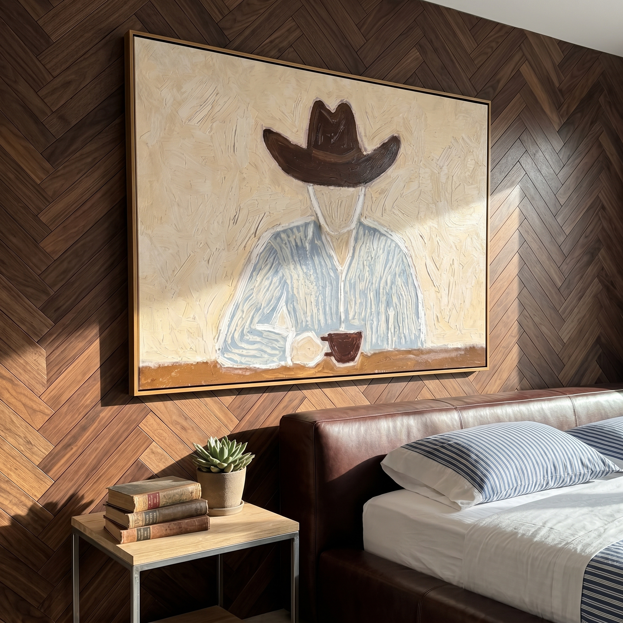 "The Quiet Pour" — 3D Textured Abstract Cowboy Wall Art | Warm Neutral Framed Painting#yk1200