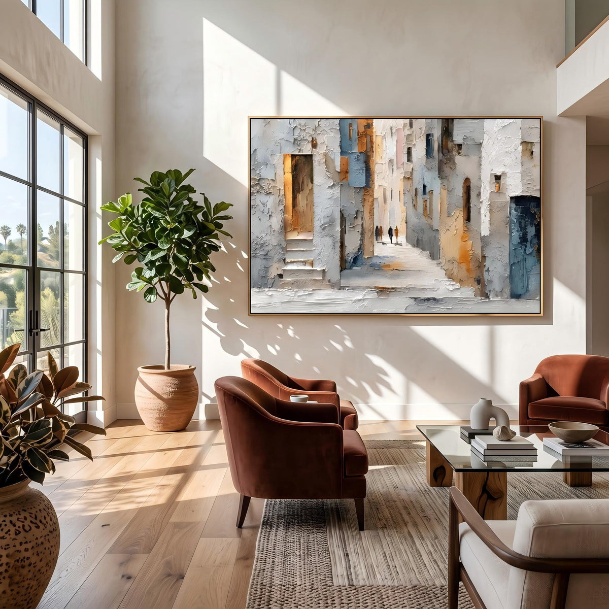"European Old Town Street" - Modern Heavy Impasto Abstract Artwork | Beige & Grey Palette Knife Painting | Luxury Horizontal Wall Art #YK 1561