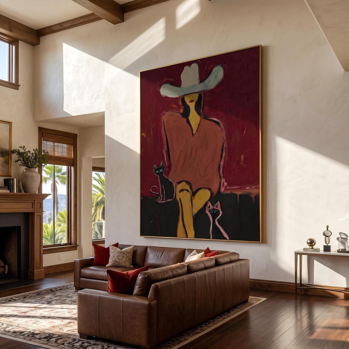 "Western Woman and Cat" - Modern Heavy Impasto Western Animal Artwork | Golden Palette Knife Painting | Luxury Vertical Wall Art #YK 1574