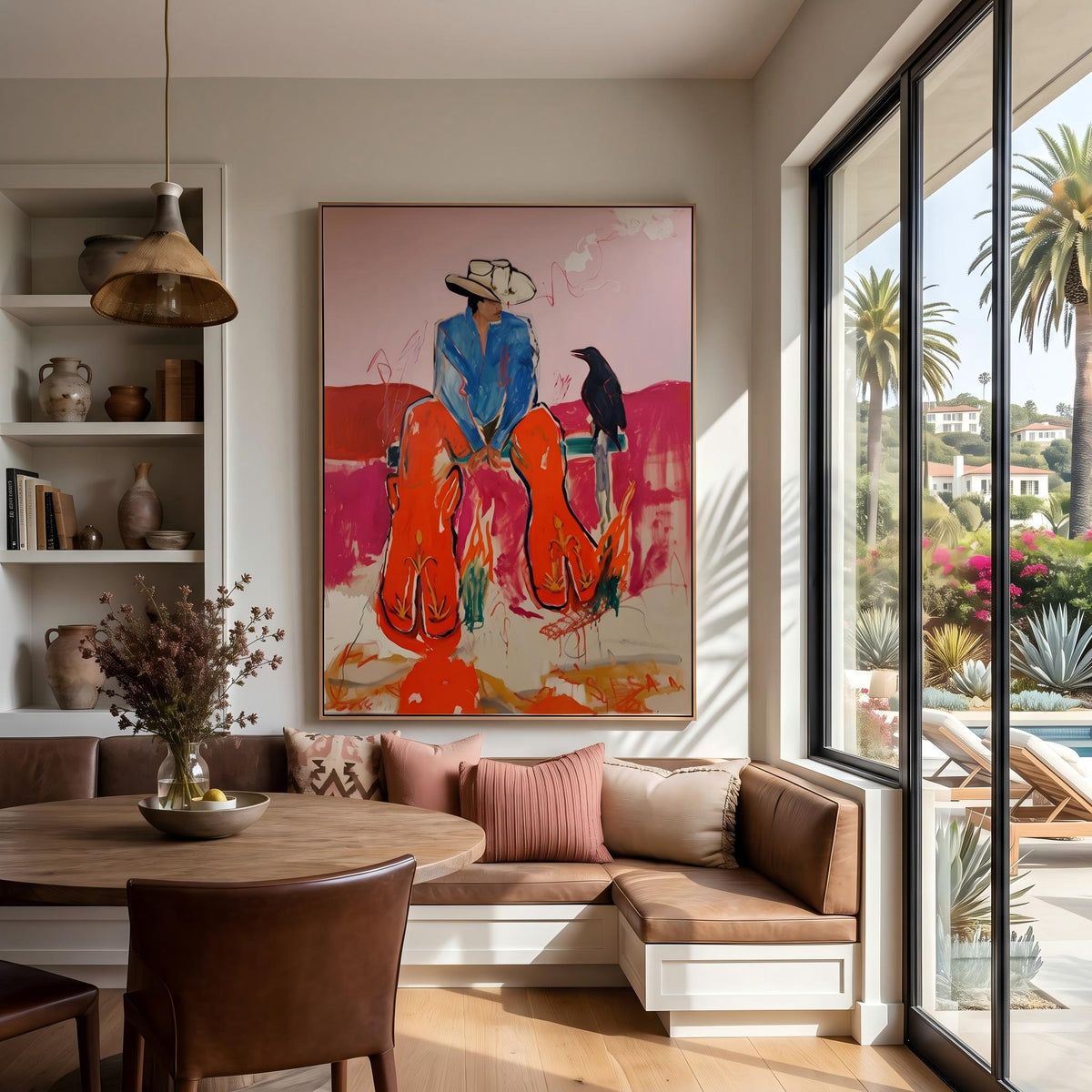 "Crow Cowboy" - Modern Heavy Impasto Western Animal Artwork | Pink Palette Knife Painting | Luxury Vertical Wall Art #YK 1582