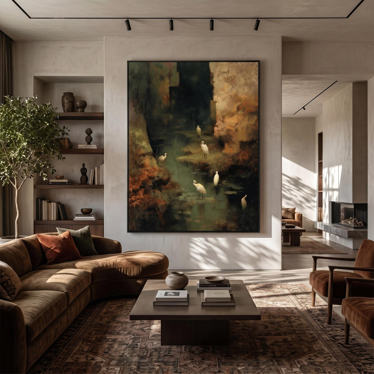 "Wetland Egret" - Modern Heavy Impasto Abstract Artwork | Golden Palette Knife Painting | Luxury Vertical Wall Art #YK 1550