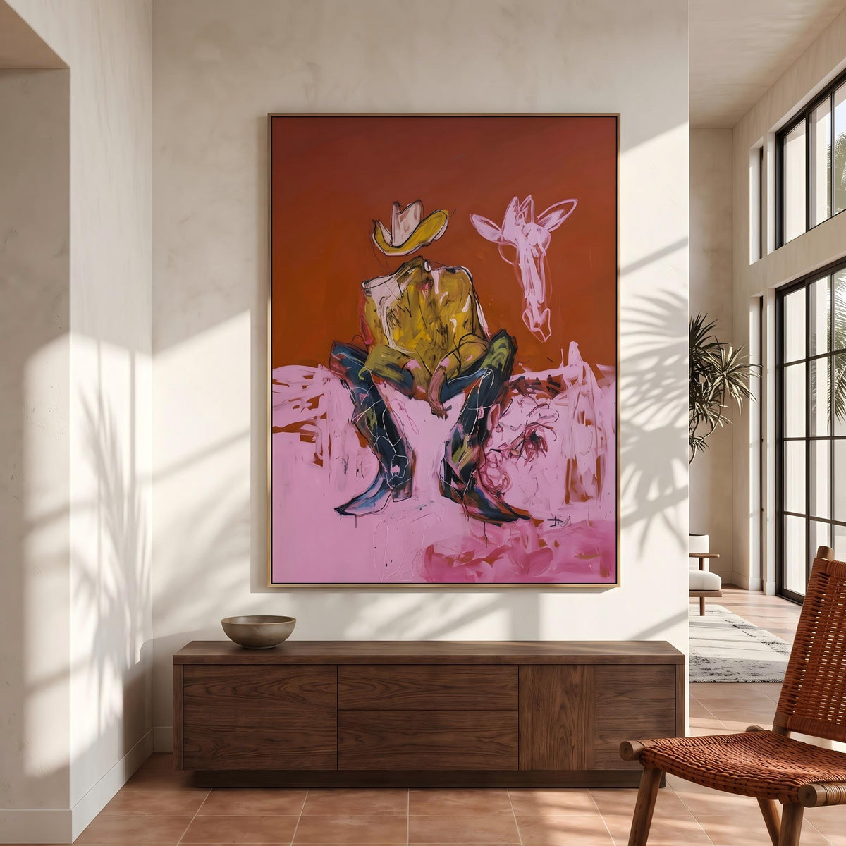 "Squatting faceless cowboy" - Modern Heavy Impasto Western Animal Artwork | Pink Palette Knife Painting | Luxury Vertical Wall Art #YK 1578