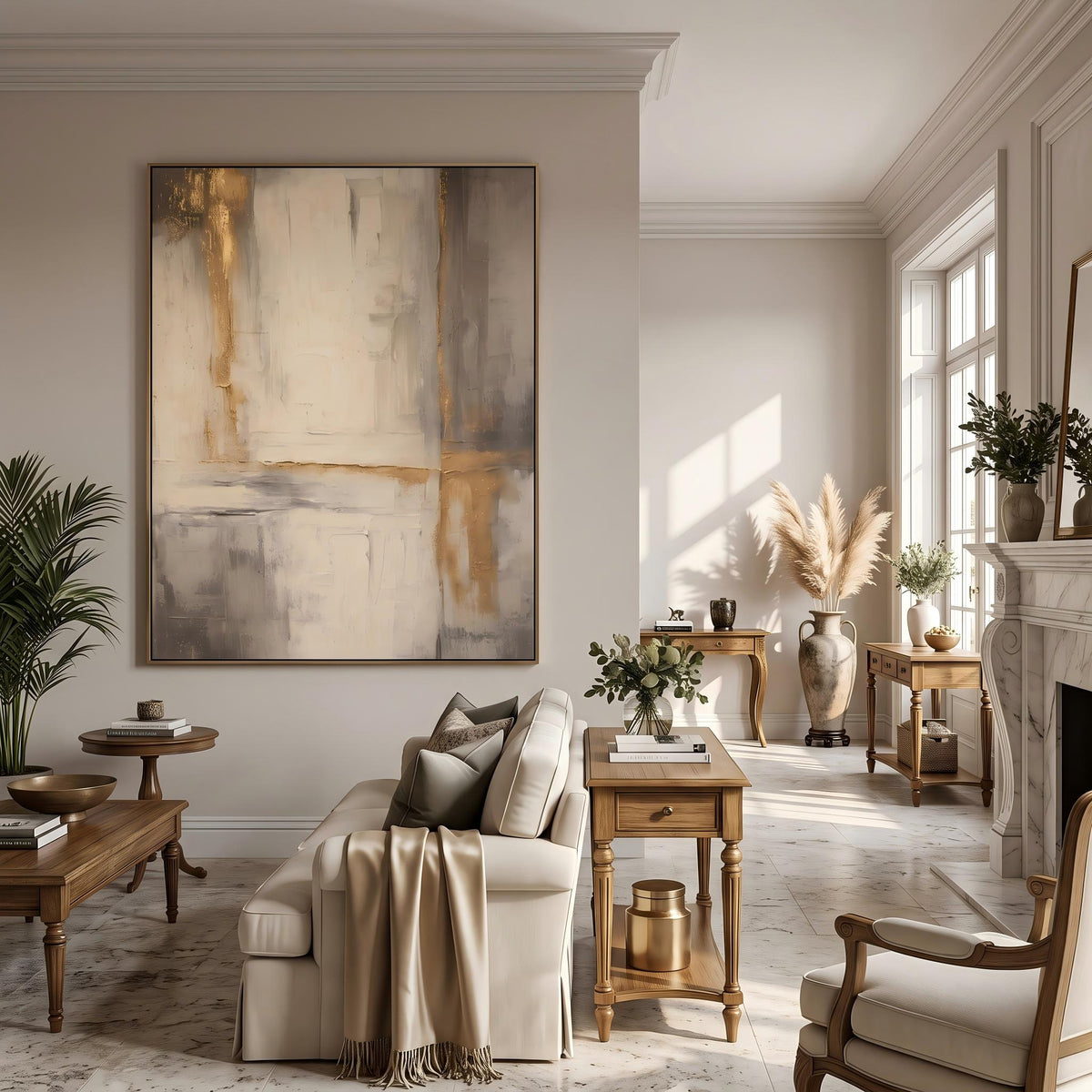 "Gold Foil Luxury" - Modern Heavy Impasto Abstract Artwork | Beige & White Palette Knife Painting | Luxury Vertical Wall Art #YK 1559