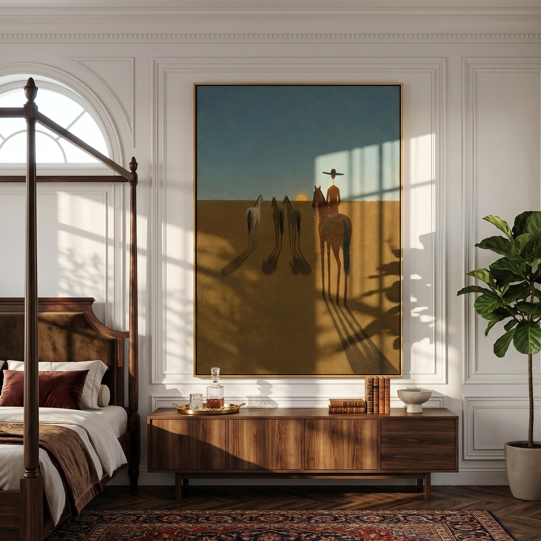 "Desert Herder at Dusk" – Modern Heavy Impasto Western Art | 3D Sky & Ochre Palette Knife Painting | Luxury Vertical Wall Art #AB 017