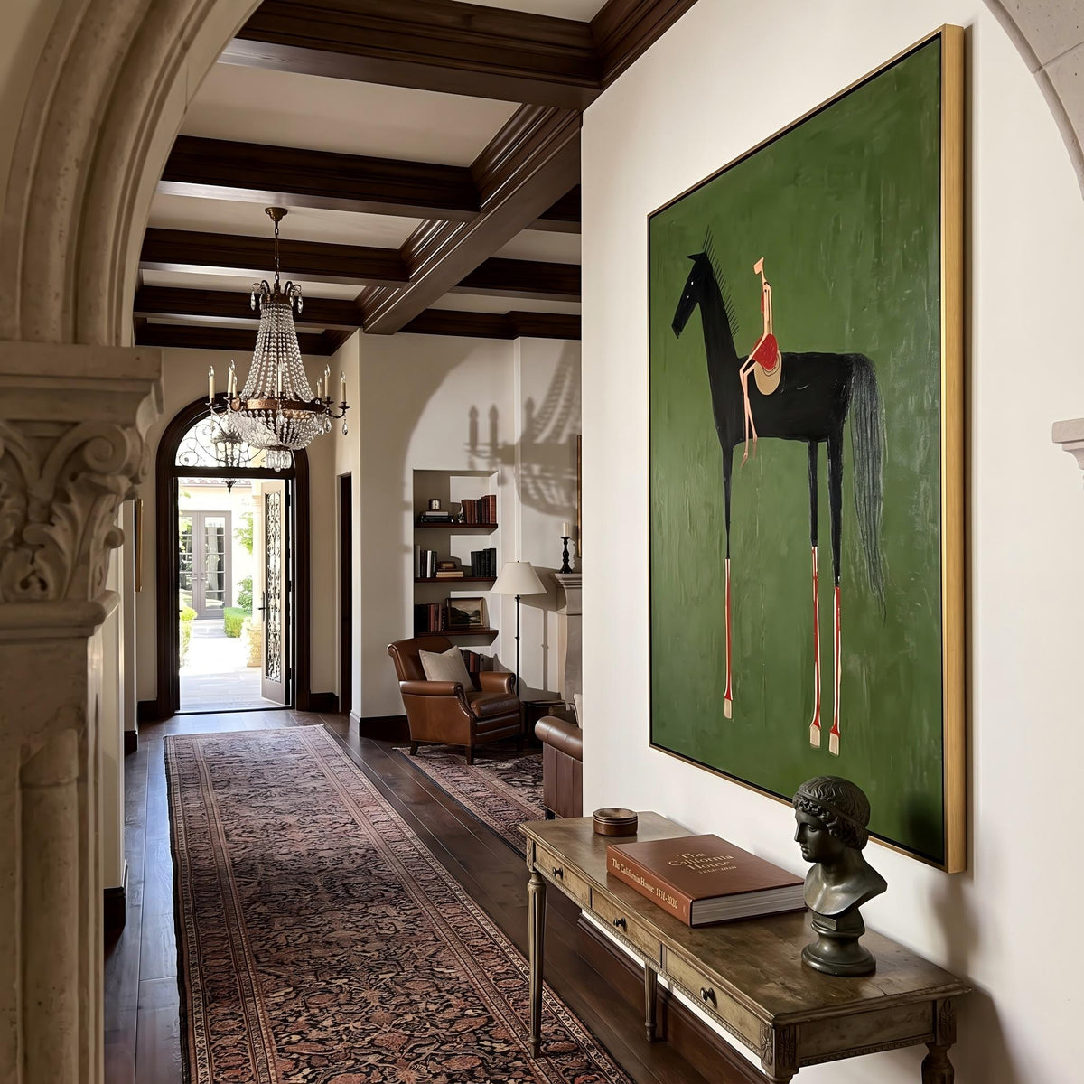 "Black Horse & Rider" - Modern Heavy Impasto Western Animal Artwork | Green Palette Knife Painting | Luxury Vertical Wall Art #YK 1558