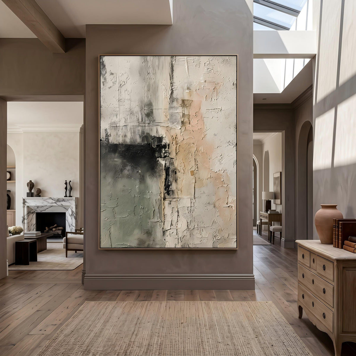 "Sage Green Beige Textured Abstract Wall" - Modern Heavy Impasto Abstract Artwork | Beige Palette Knife Painting | Luxury Vertical Wall Art #YK 1610