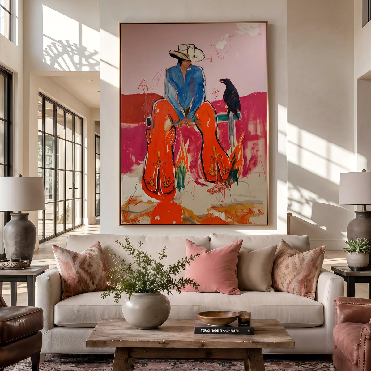 "Crow Cowboy" - Modern Heavy Impasto Western Animal Artwork | Pink Palette Knife Painting | Luxury Vertical Wall Art #YK 1582