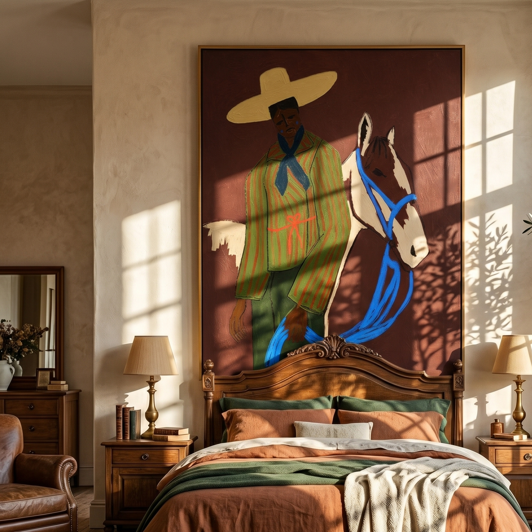 "The Herder & His Pinto" – Modern Heavy Impasto Folk Western Art | 3D Russet & Cobalt Palette Knife Painting | Luxury Vertical Wall Art #PT 022