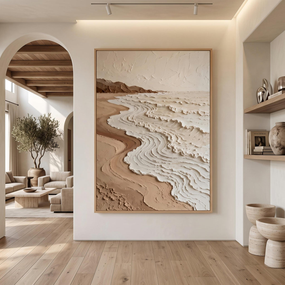 "Neutral Tones Stereoscopic Seaside Wall Decor" - Modern Heavy Impasto Coastal Landscape | Beige Palette Knife Painting | Luxury Vertical Wall Art #YK 1613
