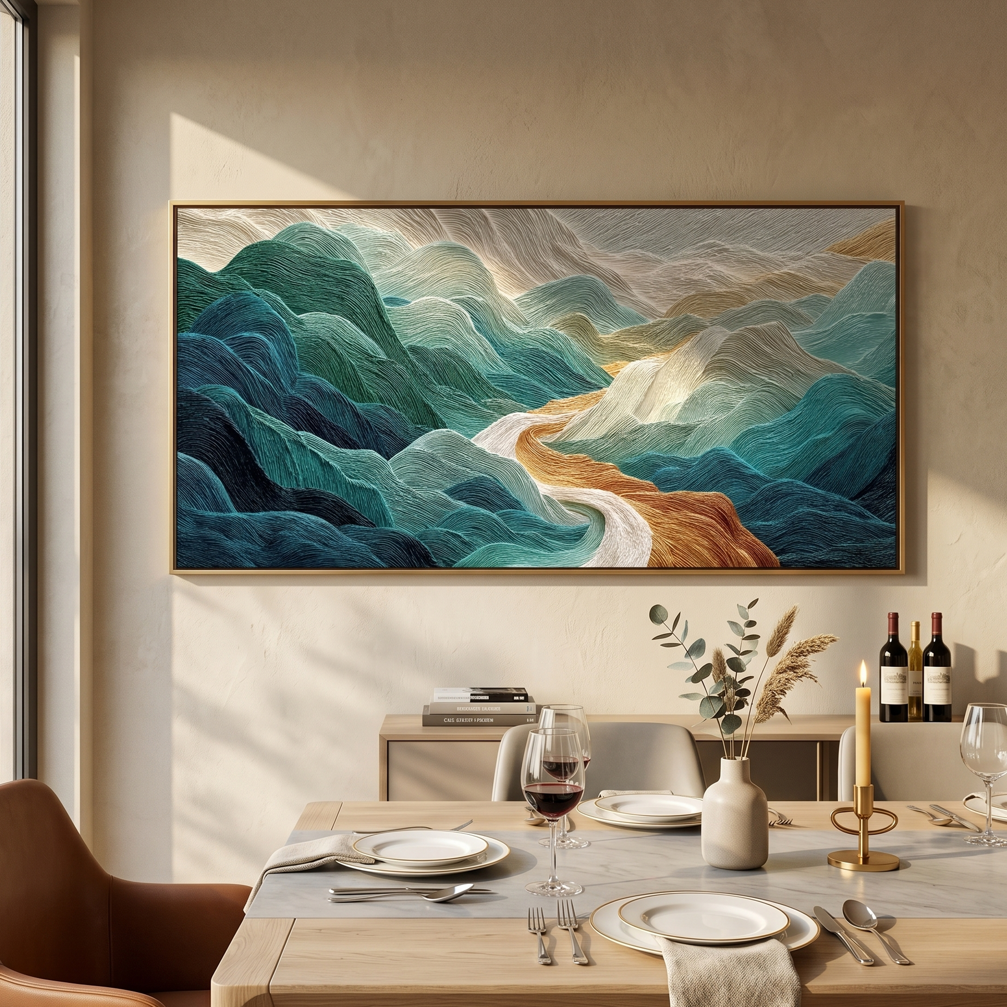 "Textured Mountain Flow" – Tactile Abstract Nature Art | Deep Teal, Turquoise & Gold Impasto Wall Decor | Contemporary Horizontal Art#PT 011