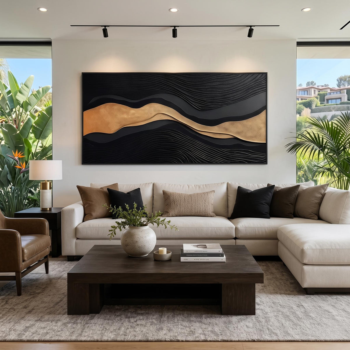 "Luxury Black‑Gold Layered Mountain" - Modern Heavy Impasto Landscape Artwork | Beige Palette Knife Painting | Luxury Horizontal Wall Art #YK 1545