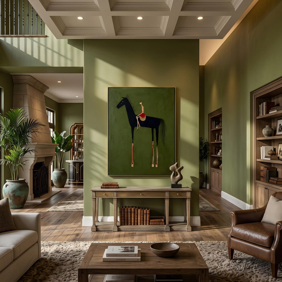 "Black Horse & Rider" - Modern Heavy Impasto Western Animal Artwork | Green Palette Knife Painting | Luxury Vertical Wall Art #YK 1558