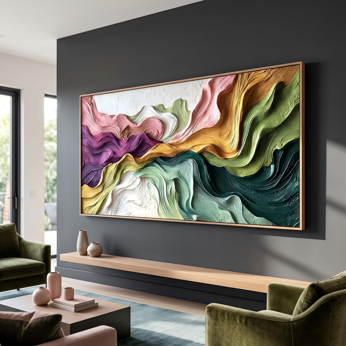 "Boho Flow Color Abstract" - Modern Heavy Impasto Abstract Artwork | Beige Palette Knife Painting | Luxury Horizontal Wall Art #YK 1614